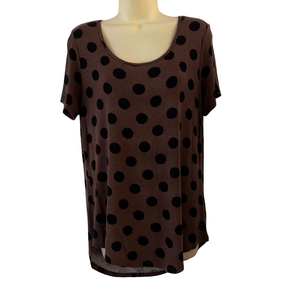 Dex Woman size Large Brown & Black Polka Dot Knit Top Tunic Pullover Blouse